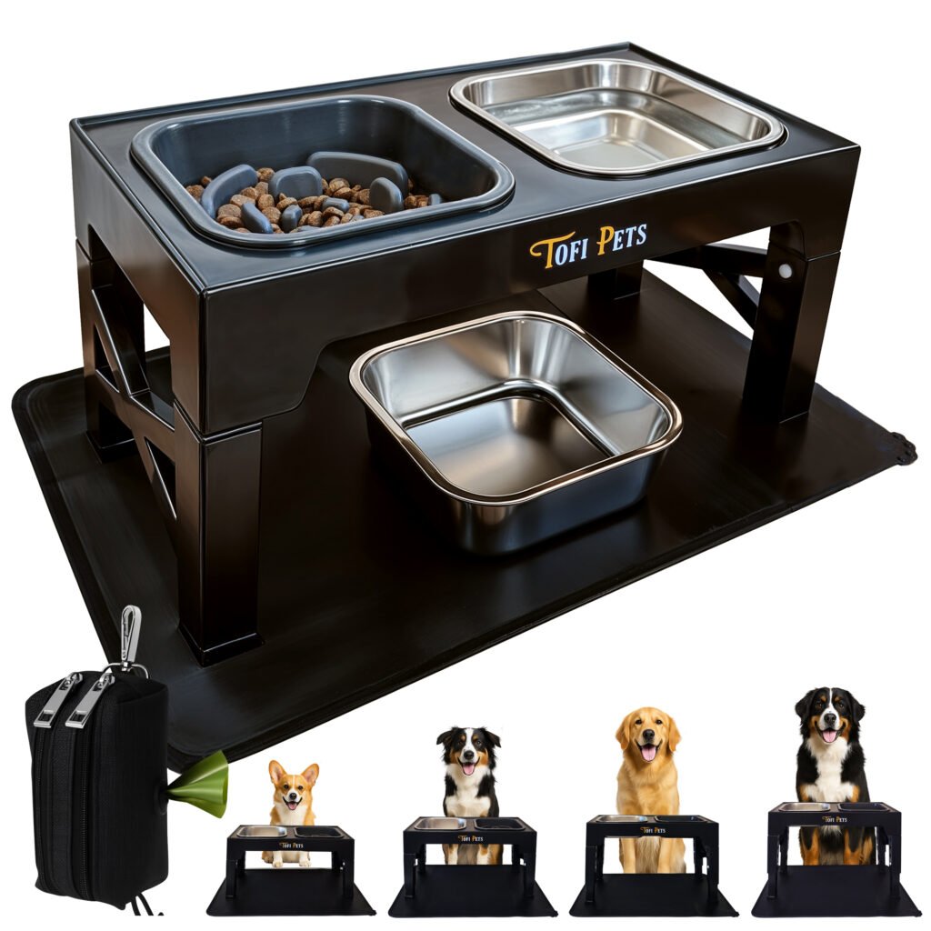 01 comedero elevado perro 3 cuencos porta bolsas alfombra