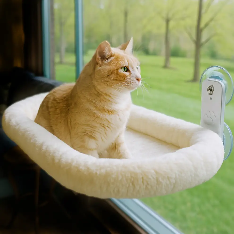 hamaca gato beige en ventana con gato