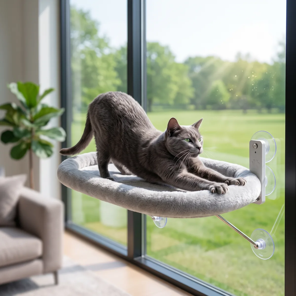 Gato gris estirándose en la hamaca de ventana TOFI PETS
