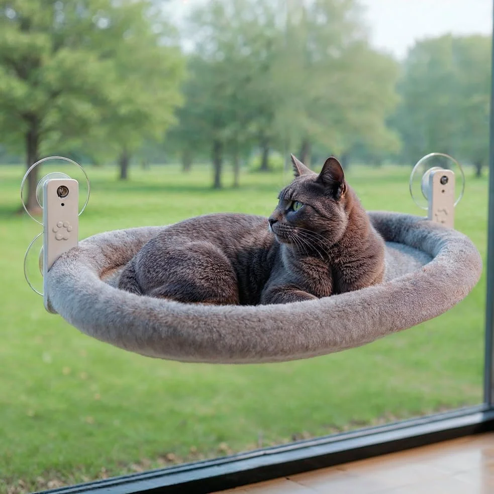 Gato gris descansando en la hamaca de ventana TOFI PETS