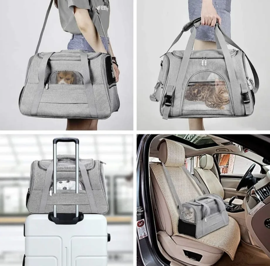 Transportín TOFI PETS en uso: al hombro, de mano, sobre la maleta y en el coche